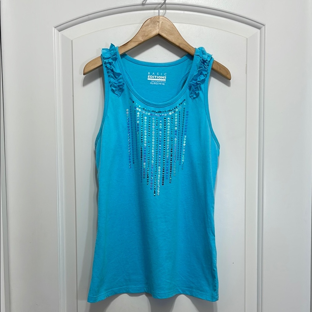 Basic Editions Blue Ruffled Sequin Tank Top
